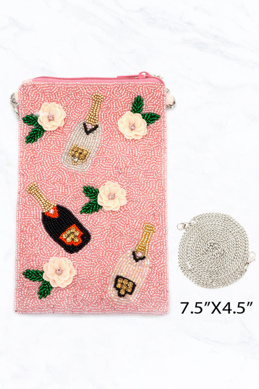 Pink Bottles & Flowers Beaded Bag