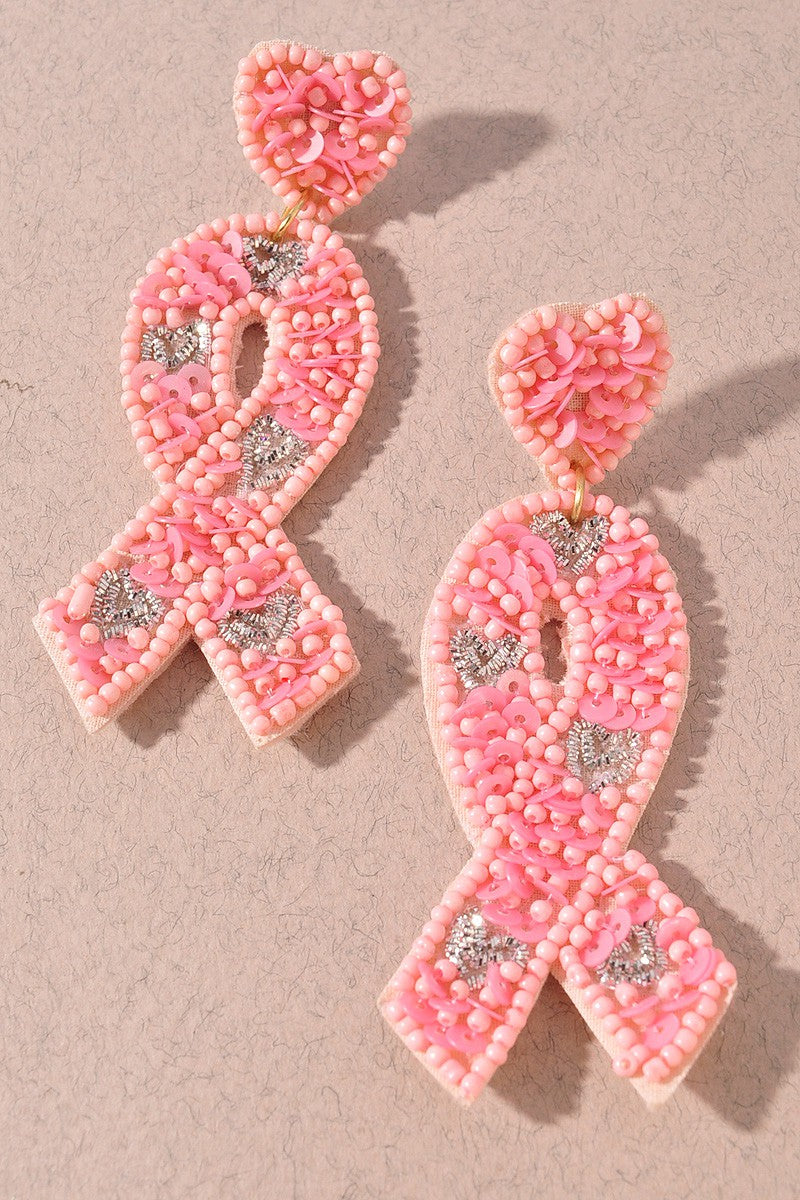 Pink Ribbon Beaded Earrings