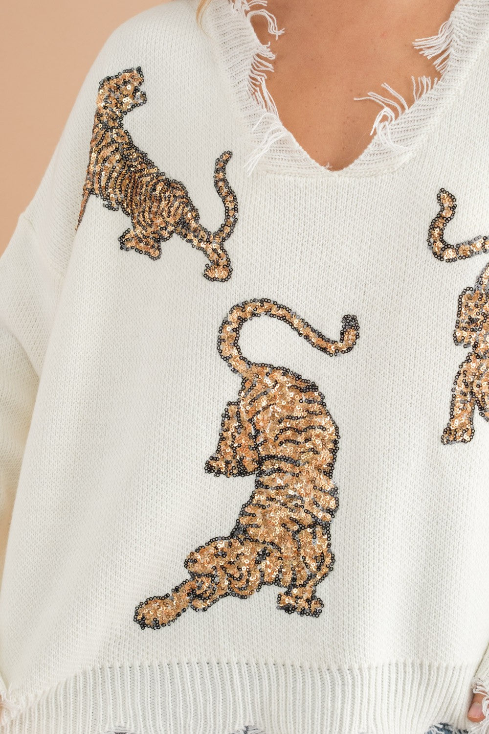 Sequin Tigers Frayed Sweater