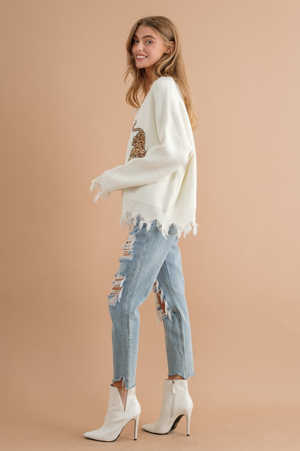 Sequin Tigers Frayed Sweater