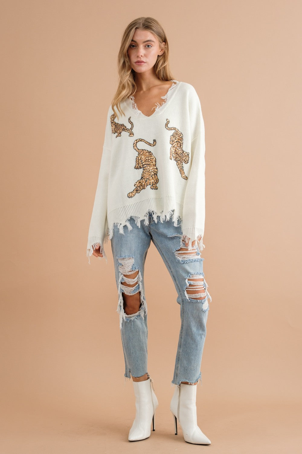 Sequin Tigers Frayed Sweater