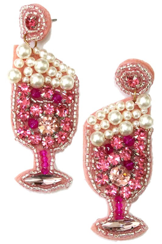 Pink Wine Glass Beaded Earrings