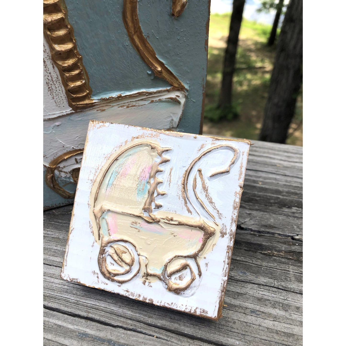 Mini Baby Carriage Wood Block Art