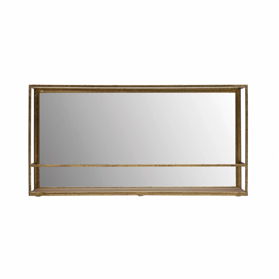 Gold Metal & Wood Wall Shelf with Mirror