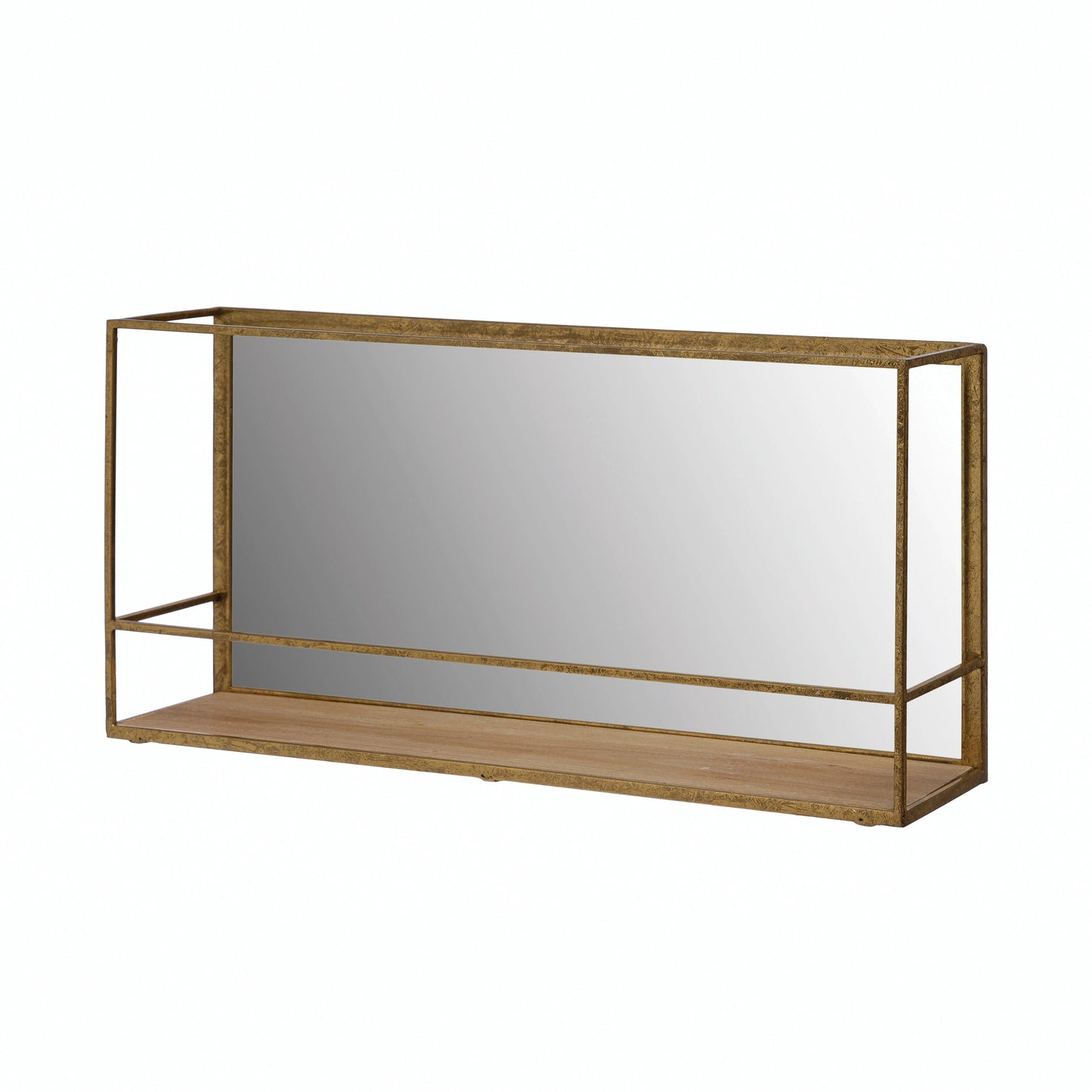 Gold Metal & Wood Wall Shelf with Mirror