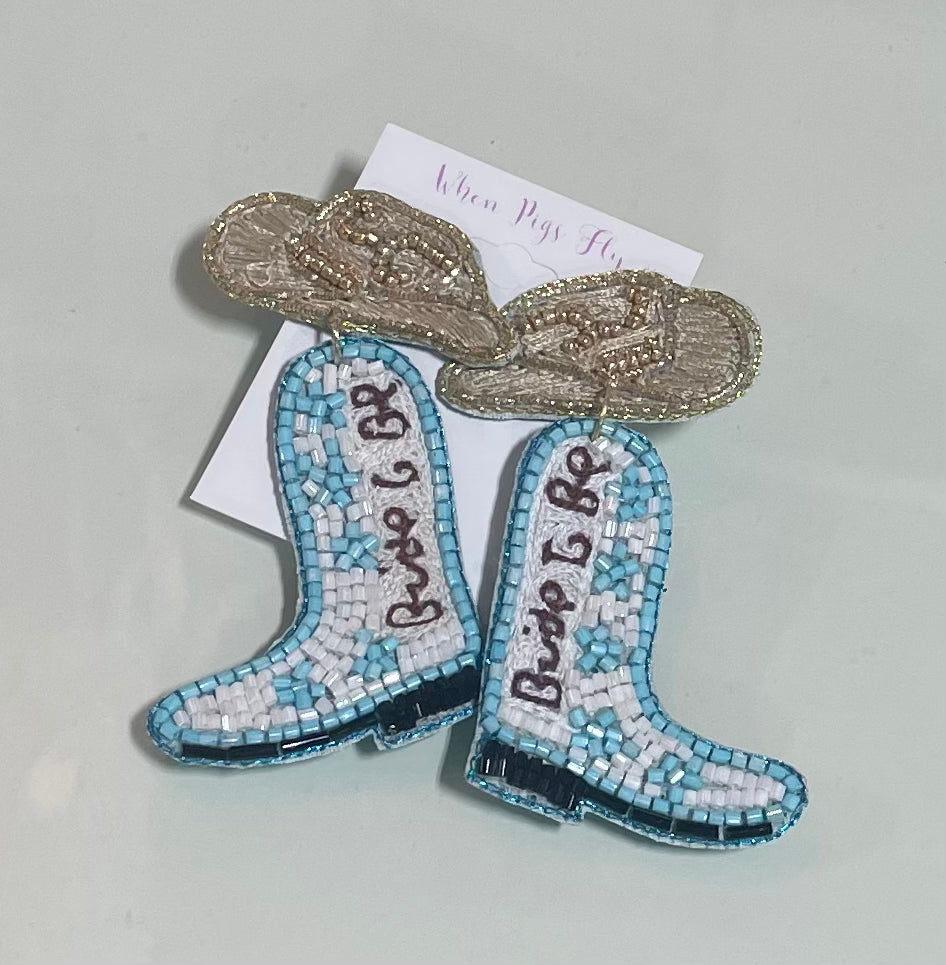 Blue "Bride to Be" Boots Beaded Earrings