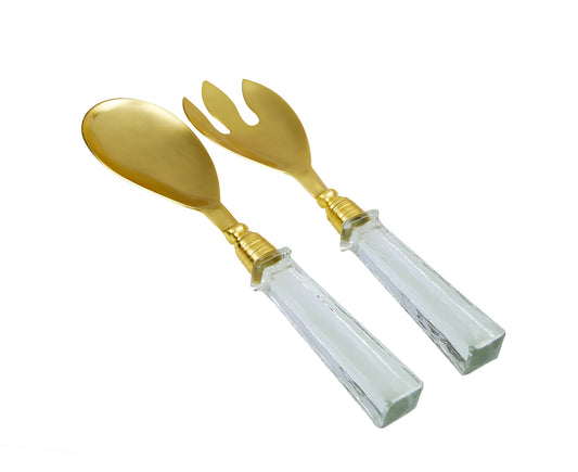 Square Glass Handle Gold Salad Servers Set